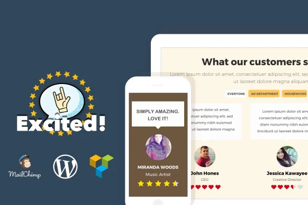 Excited Testimonials plugin banner with sample testimonial grid and slider layouts