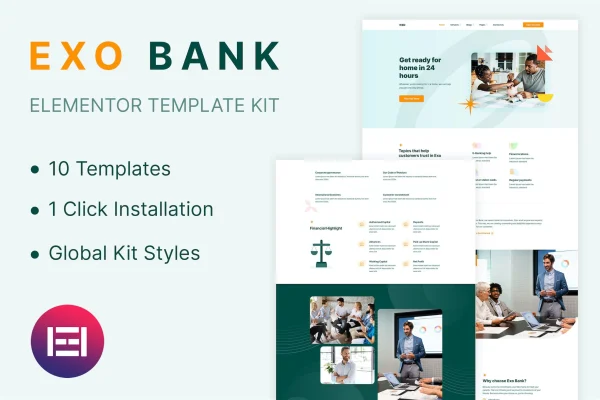 Exobank financial Elementor template kit cover showing bank website page designs