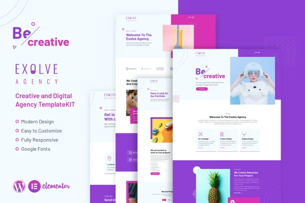 Exolve creative portfolio Elementor template kit cover showing modern portfolio page layouts