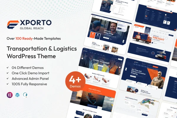 Exporto transportation WordPress theme preview with logistics homepage layout