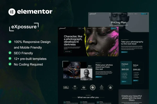 Expossure photography and portfolio Elementor template kit preview with dark layouts