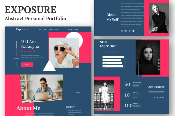 Exposure personal portfolio Elementor template kit preview with abstract page layouts
