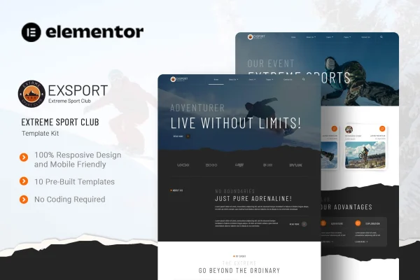 Exsport extreme sport club Elementor template kit cover image