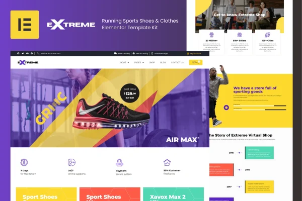Extreme Elementor template kit preview for a running shoes and sportswear store