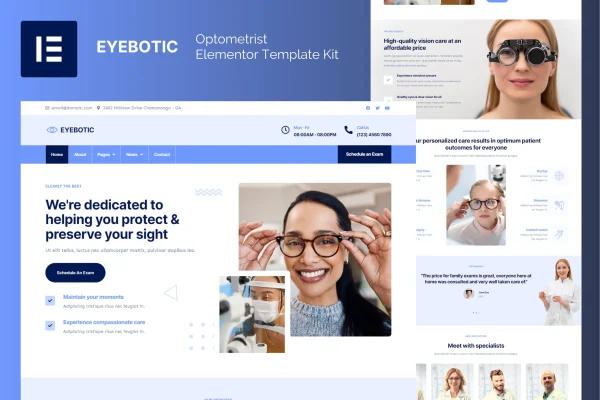 EyeBotic optometrist Elementor template kit preview showing eye care website pages