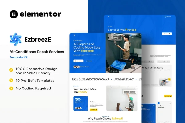 EzbreezE air conditioner repair services Elementor template kit preview
