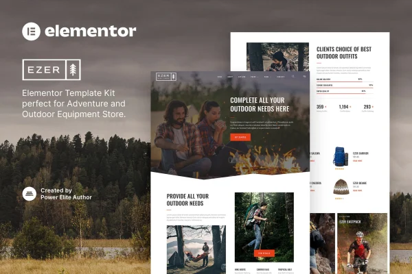 Ezer outdoor and adventure equipment store Elementor template kit preview