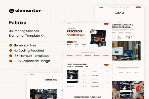 Fabrixa 3D printing services Elementor template kit preview