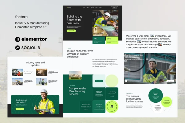 Factora industry and manufacturing Elementor template kit preview