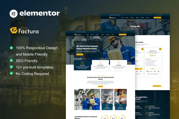 Factura industry and manufacturing Elementor template kit page previews