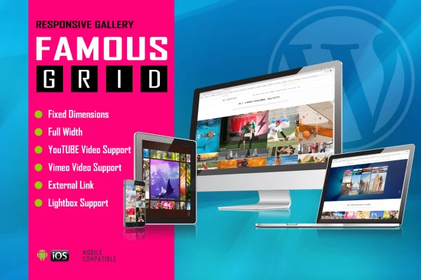 Famous Grid Image and Video Gallery plugin banner showing a responsive image grid