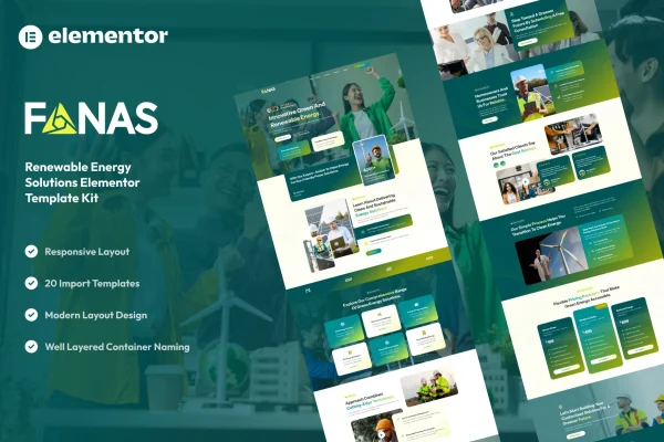 Fanas solar and renewable energy Elementor template kit preview