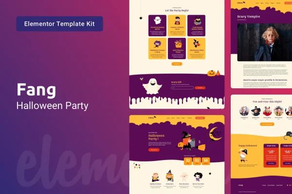 Fang Halloween party Elementor template kit preview with dark backgrounds and orange accents