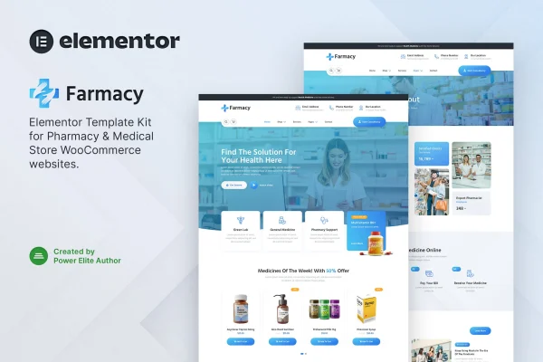Farmacy pharmacy and medical store Elementor template kit preview