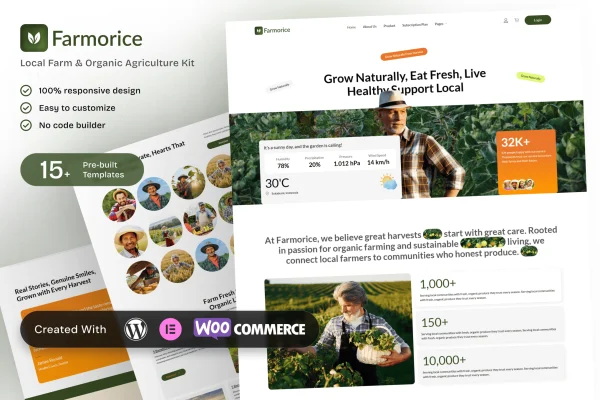 Farmorice Elementor template kit preview for a local organic farm website