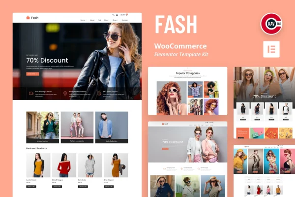 Fash WooCommerce Elementor template kit cover showing fashion store page layouts
