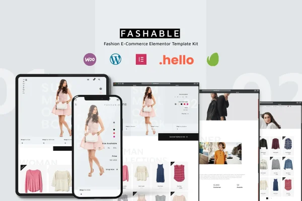 Fashable fashion eCommerce Elementor template kit preview in black and white