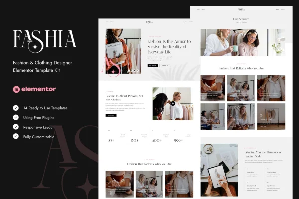 Fashia fashion and clothing designer Elementor template kit preview