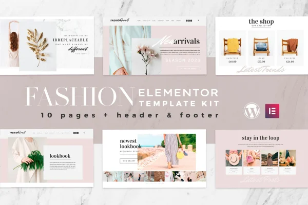 Fashion Feel WooCommerce Elementor template kit cover showing feminine fashion store pages