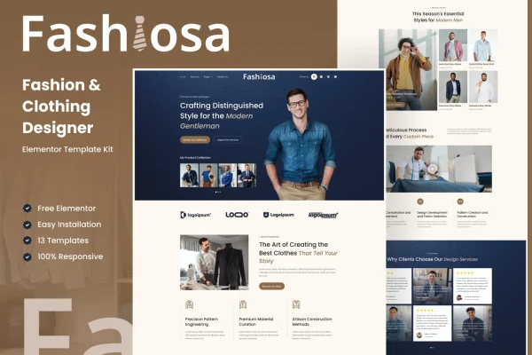Fashiosa Elementor template kit preview for a fashion and clothing designer website