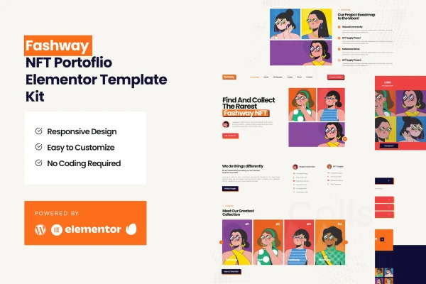 Fashway NFT portfolio Elementor template kit cover showing website page layouts