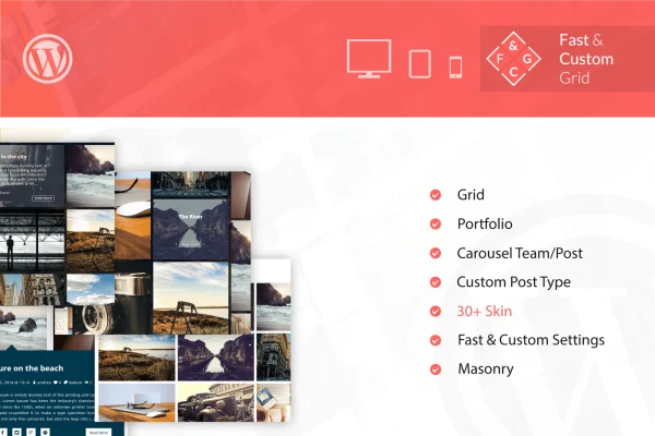 Fast & Custom Grid plugin banner with sample grid and carousel layouts