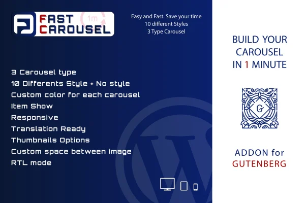 Fast Carousel for Gutenberg plugin banner with an image carousel preview