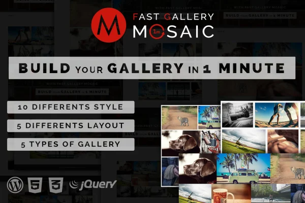 Fast Gallery Mosaic plugin banner with a mosaic photo gallery layout