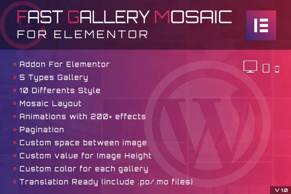 Fast Gallery Mosaic for Elementor plugin banner with a mosaic photo gallery layout