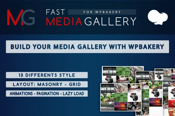 Fast Media Gallery - Visual Composer Addon plugin banner with sample grid and masonry galleries