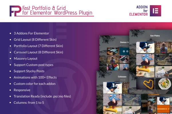 Fast Portfolio & Grid for Elementor plugin banner with portfolio and grid layouts