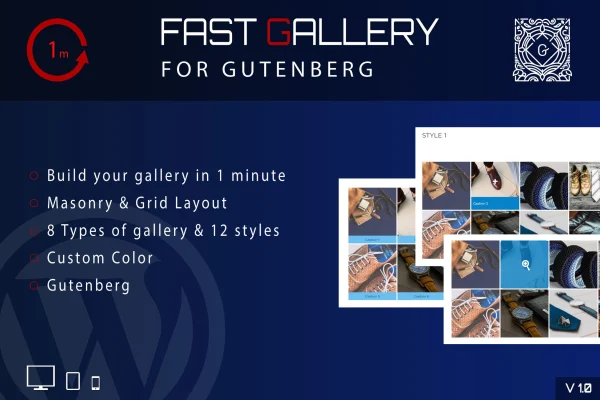 Fastgallery Gutenberg plugin banner showing image gallery layouts