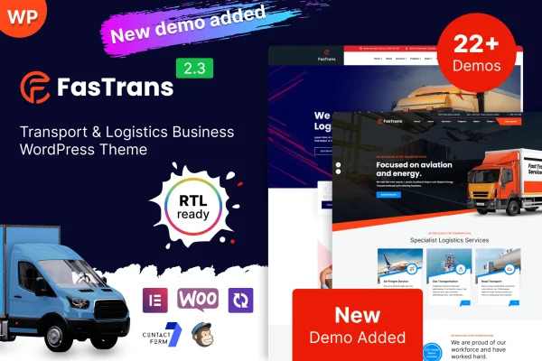 Fastrans logistics WordPress theme preview showing a shipping company homepage