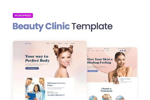 Feanty beauty clinic Elementor template kit cover showing website page layouts