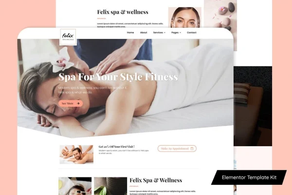Felix spa Elementor template kit preview with calm, modern page layouts