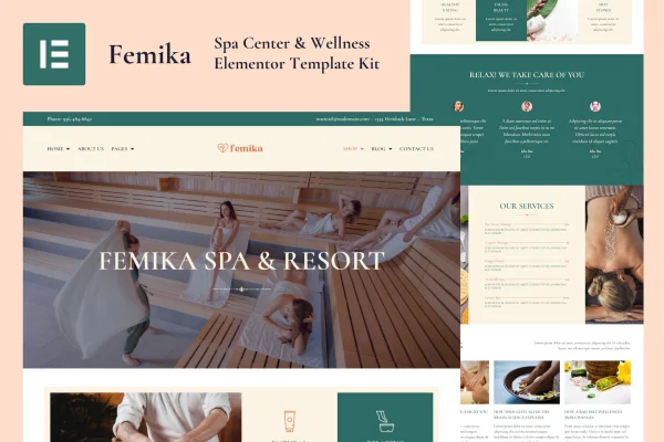 Femika spa and wellness Elementor template kit preview with calm, elegant page layouts