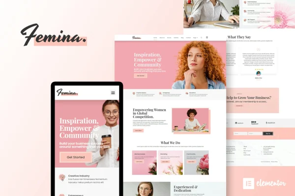 Femina feminine business Elementor template kit preview with elegant page layouts