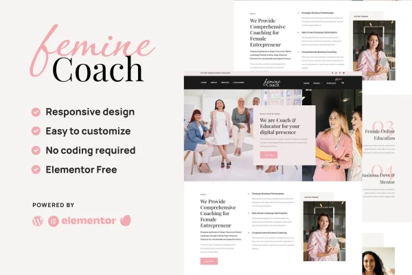 Femine Elementor template kit preview for a feminine business coach website