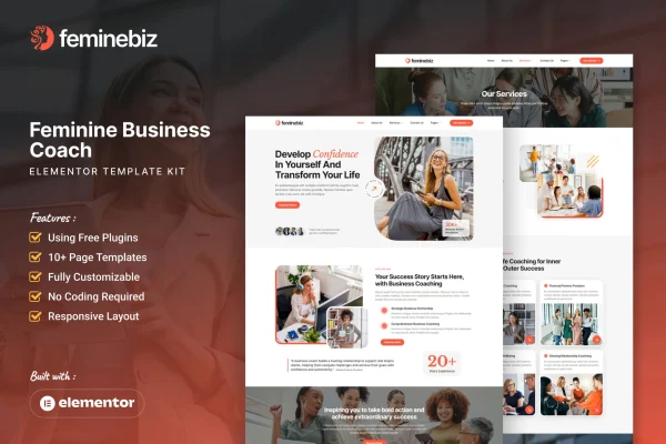 Feminebiz Elementor template kit cover showing feminine business coach website pages