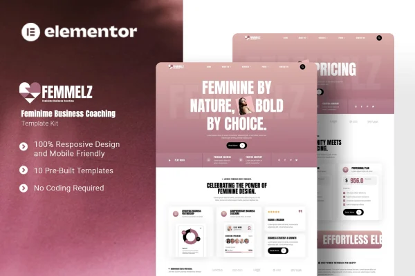 Femmelz feminine business coaching Elementor template kit preview