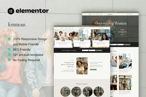 Femmous feminine blog Elementor template kit preview