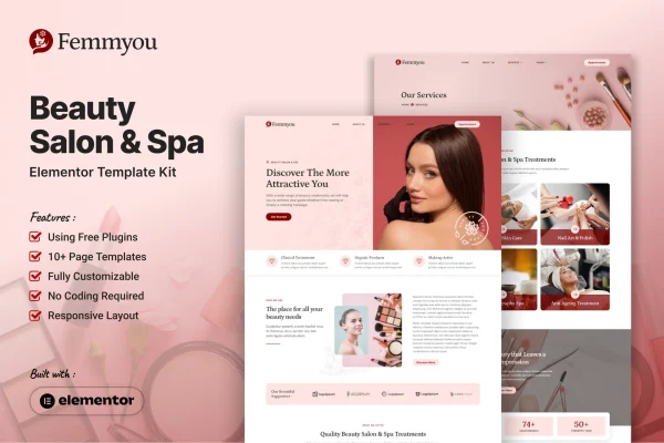 Femmyou beauty salon and spa Elementor template kit preview