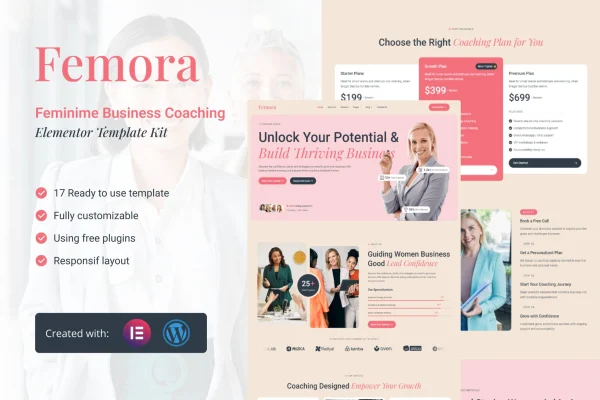 Femora Elementor template kit preview for feminine business coaching websites