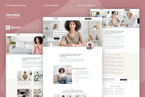 Fempire business coach Elementor template kit page previews
