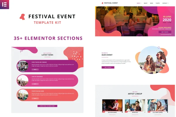 Festival Events Elementor template kit preview with purple, pink and orange festival page layouts