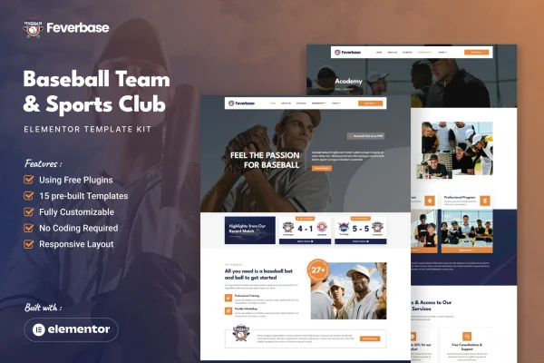 Feverbase baseball team and sports club Elementor template kit preview