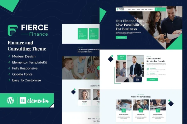 Fierce finance Elementor template kit cover showing website page layouts