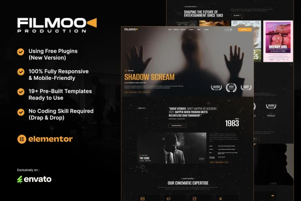 Filmoo Elementor template kit preview for a film and video production website