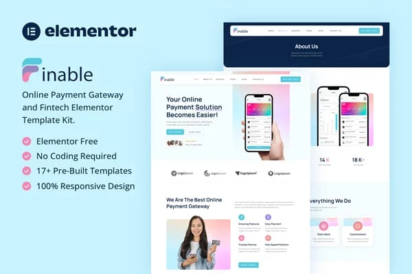 Finable payment gateway and fintech Elementor template kit preview