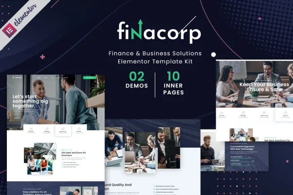 FinaCorp finance corporate Elementor template kit preview showing page layouts